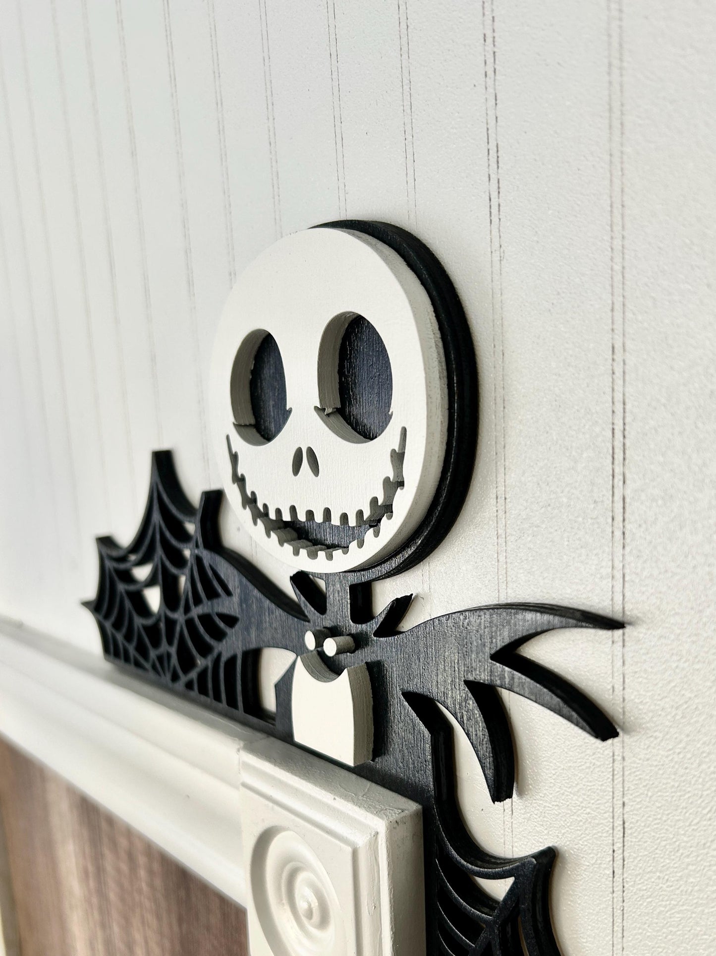 Halloween Skeleton Door Corner Sign | Black & White Spiderweb Design | Gothic Birch Wood Wall Decor