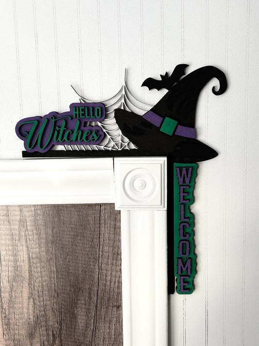 Hello Witches Halloween Door Corner Sign | Welcome Witch Hat with Bat & Spiderweb | Layered Birch Wood Decor