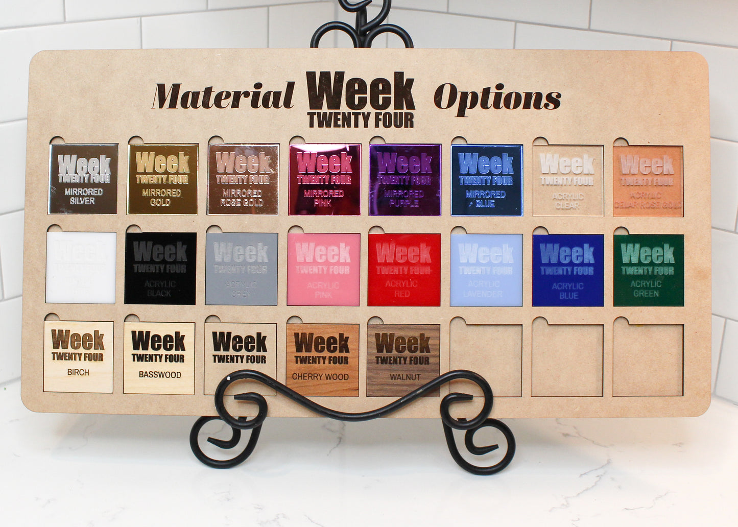 Material option to customize your personalized items. We offer Mirrored acrylic, opaque acrylic and different wood