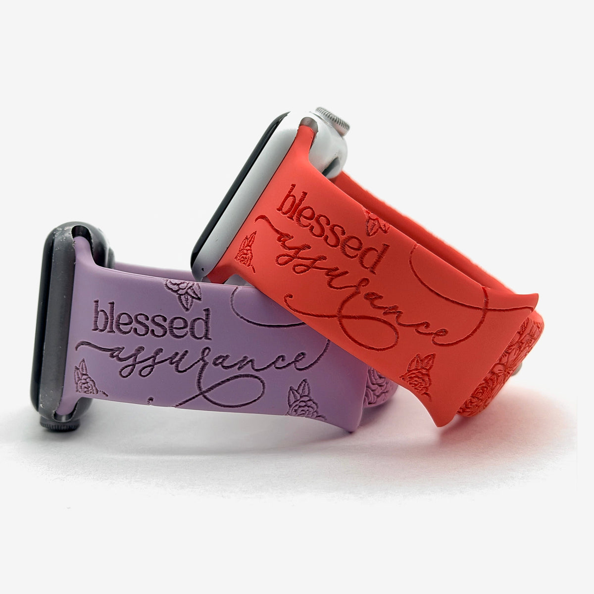 Blessed Assurance watch band for Apple Watch shown in lavender and coral