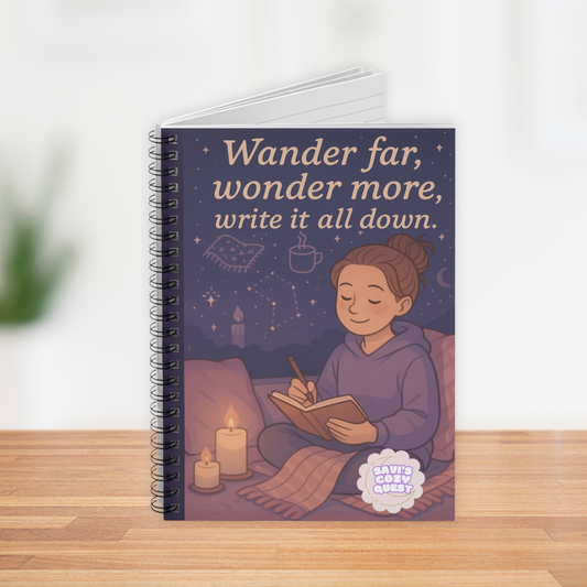 Copy of Wander Far, Wonder More, Write It All Down – Cozy Bookish Spiral Notebook (6x8")