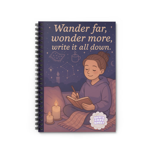 Copy of Wander Far, Wonder More, Write It All Down – Cozy Bookish Spiral Notebook (6x8")