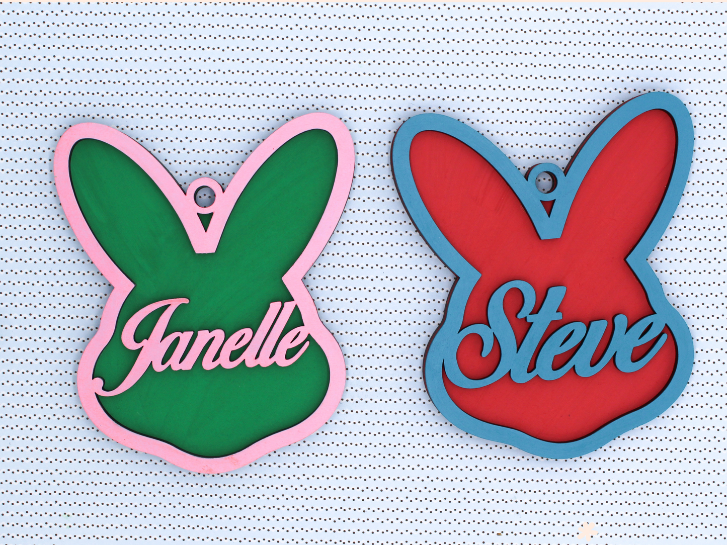 Personalized Multi-Layer Painted Wood Bunny Face Tag – Custom Easter Basket Name Tag