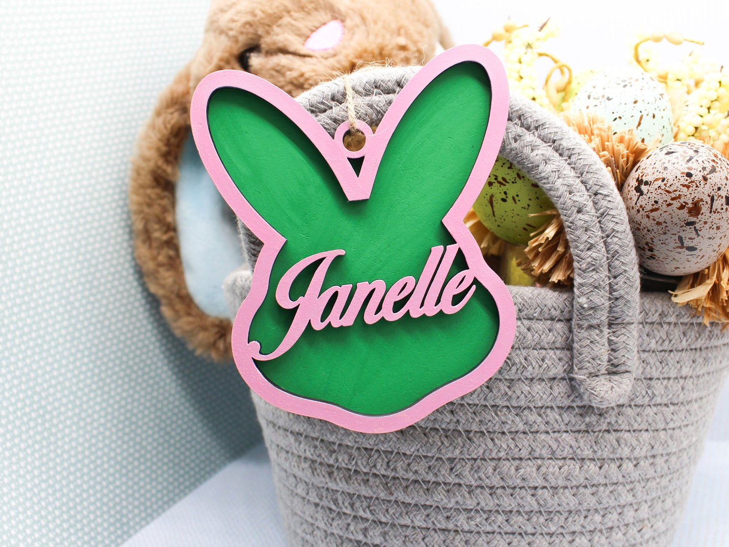 Personalized Multi-Layer Painted Wood Bunny Face Tag – Custom Easter Basket Name Tag