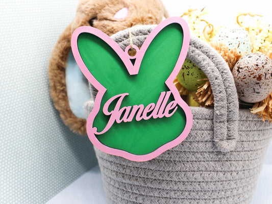 Personalized Multi-Layer Painted Wood Bunny Face Tag – Custom Easter Basket Name Tag