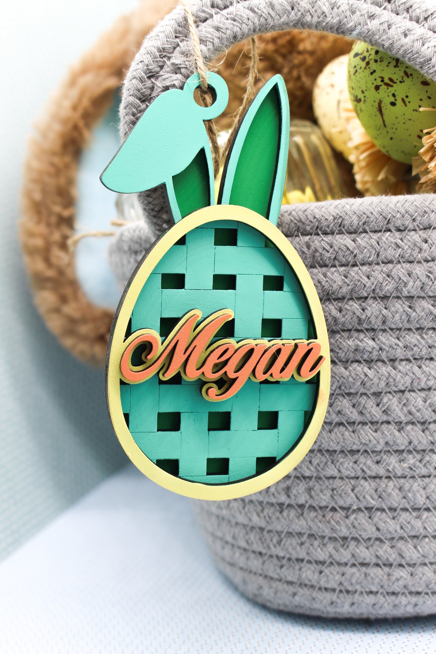 Personalized Easter Basket Tag – 3D Layered Bunny Egg with Basket Weave Design