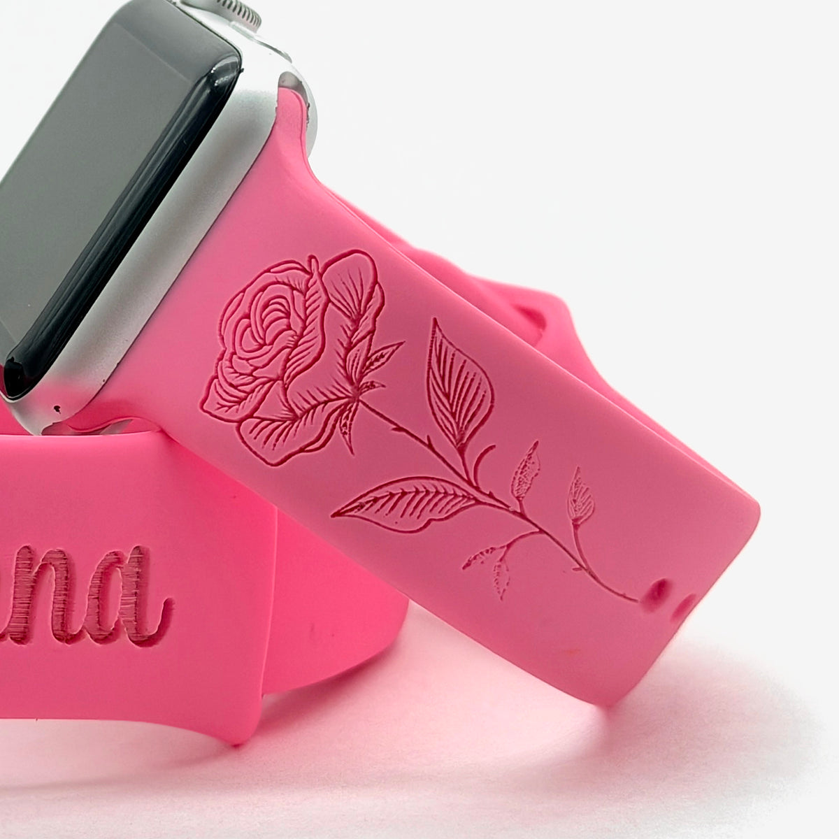June Rose design engraved on a pink silicone Birth Month Flower watch band for Apple Watch