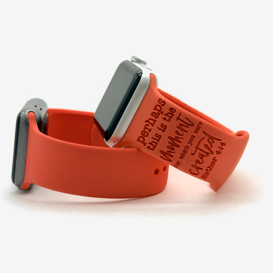 Coral watch band for Apple Watch engraved with perhaps this is the moment for which you were created, Esther 4:14