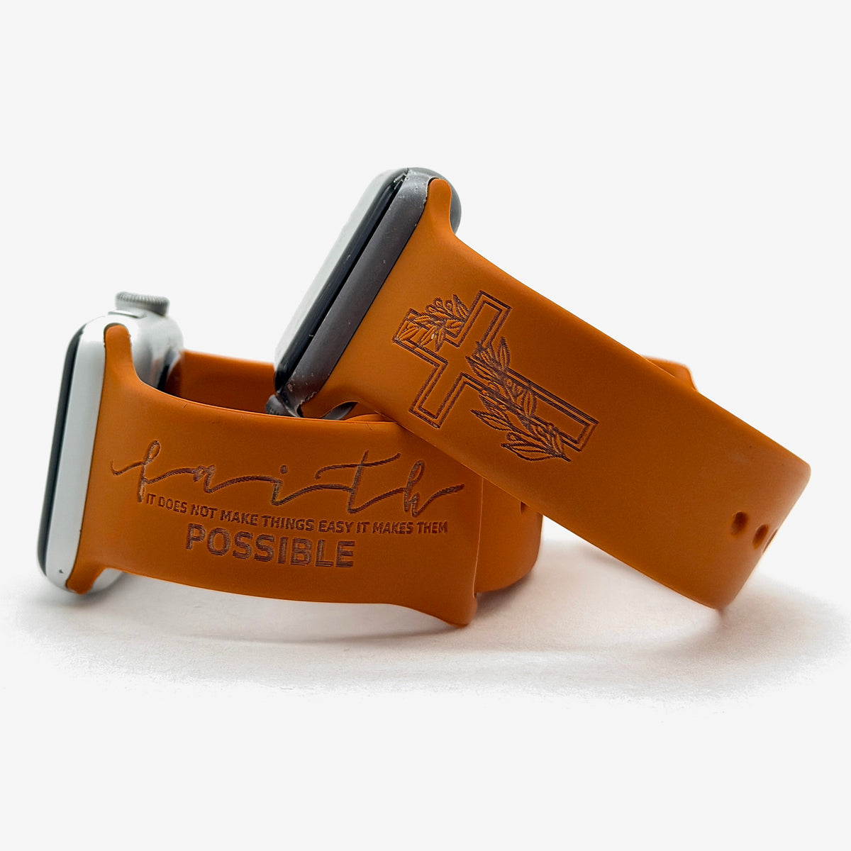 Rust watch band for Apple Watch engraved with faith makes things possible, paired with a cross engraved long side