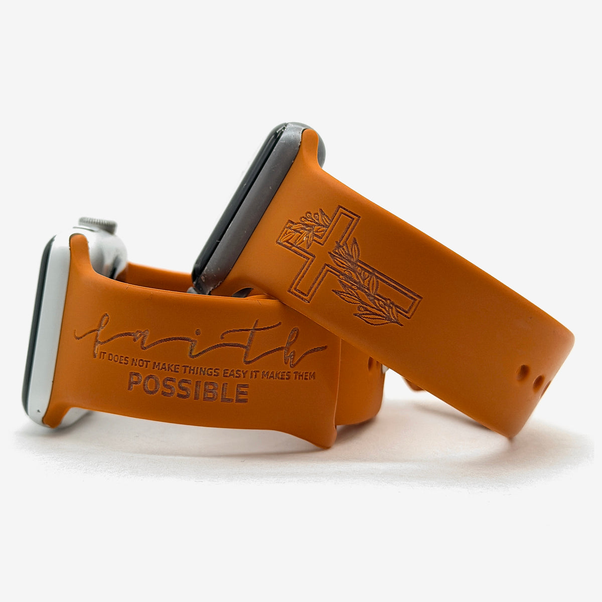 Rust Faith Makes It Possible watch band for Apple Watch engraved with faith, it does not make things easy it makes them possible, shown with a floral cross band