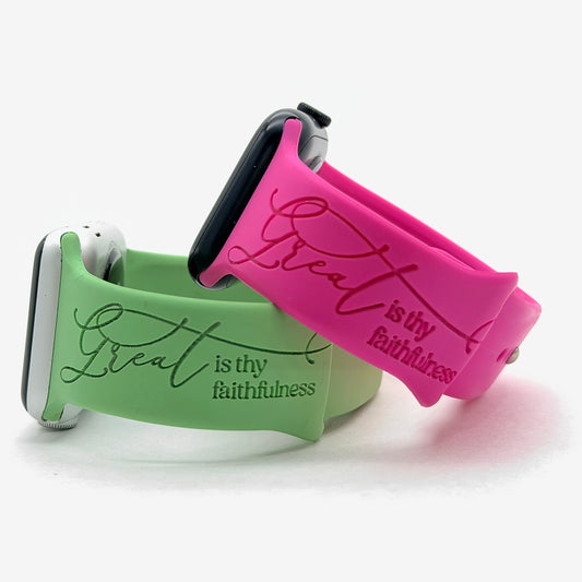Great is Thy Faithfulness watch band for Apple Watch with script engraving, shown in mint green and hot pink