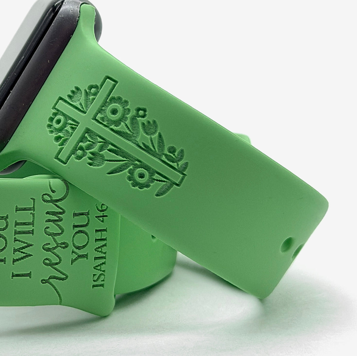 I Will Carry You scripture design engraved on a mint green silicone watch band for Apple Watch