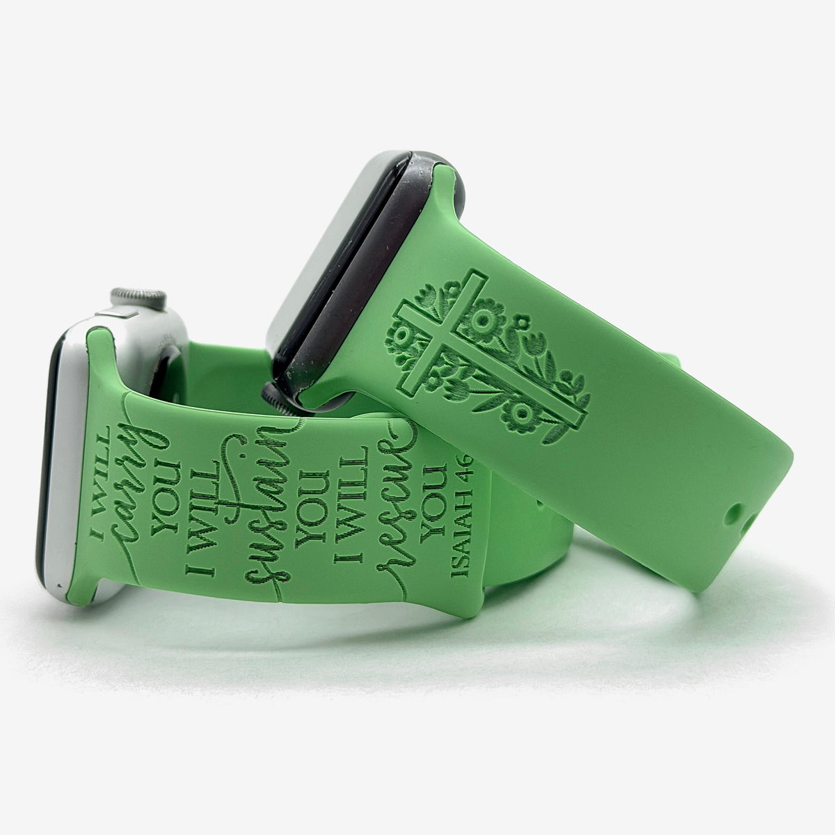 Mint green I Will Carry You watch band for Apple Watch engraved with a scripture design, shown as a pair