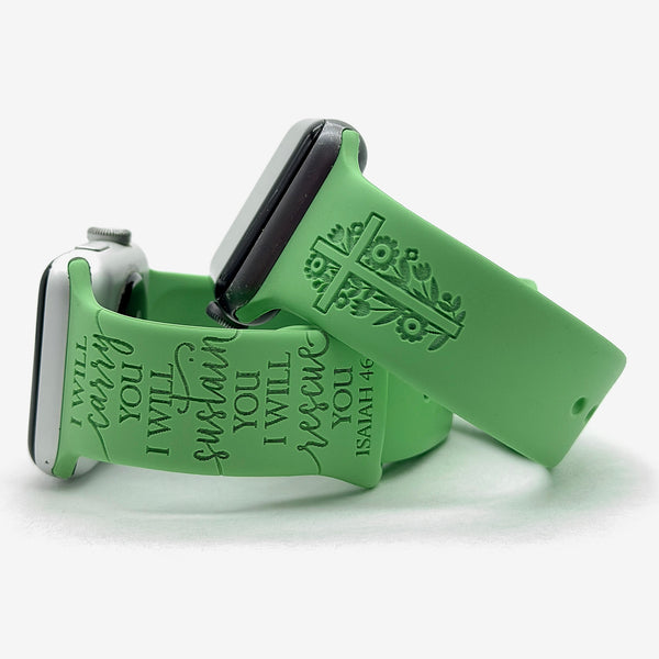 Mint green I Will Carry You watch band for Apple Watch engraved with a scripture design, shown as a pair
