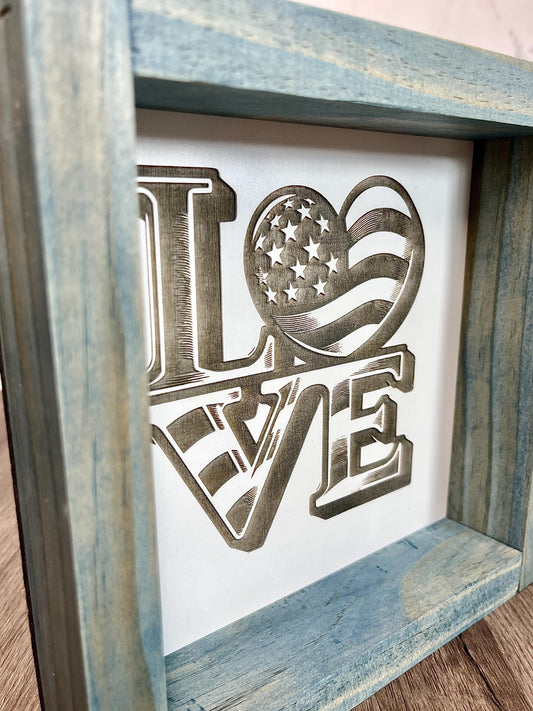 Patriotic LOVE Sign | Rustic Wood Frame | 4th of July Home Decor | American Flag Heart Wall Art | Farmhouse USA Decor