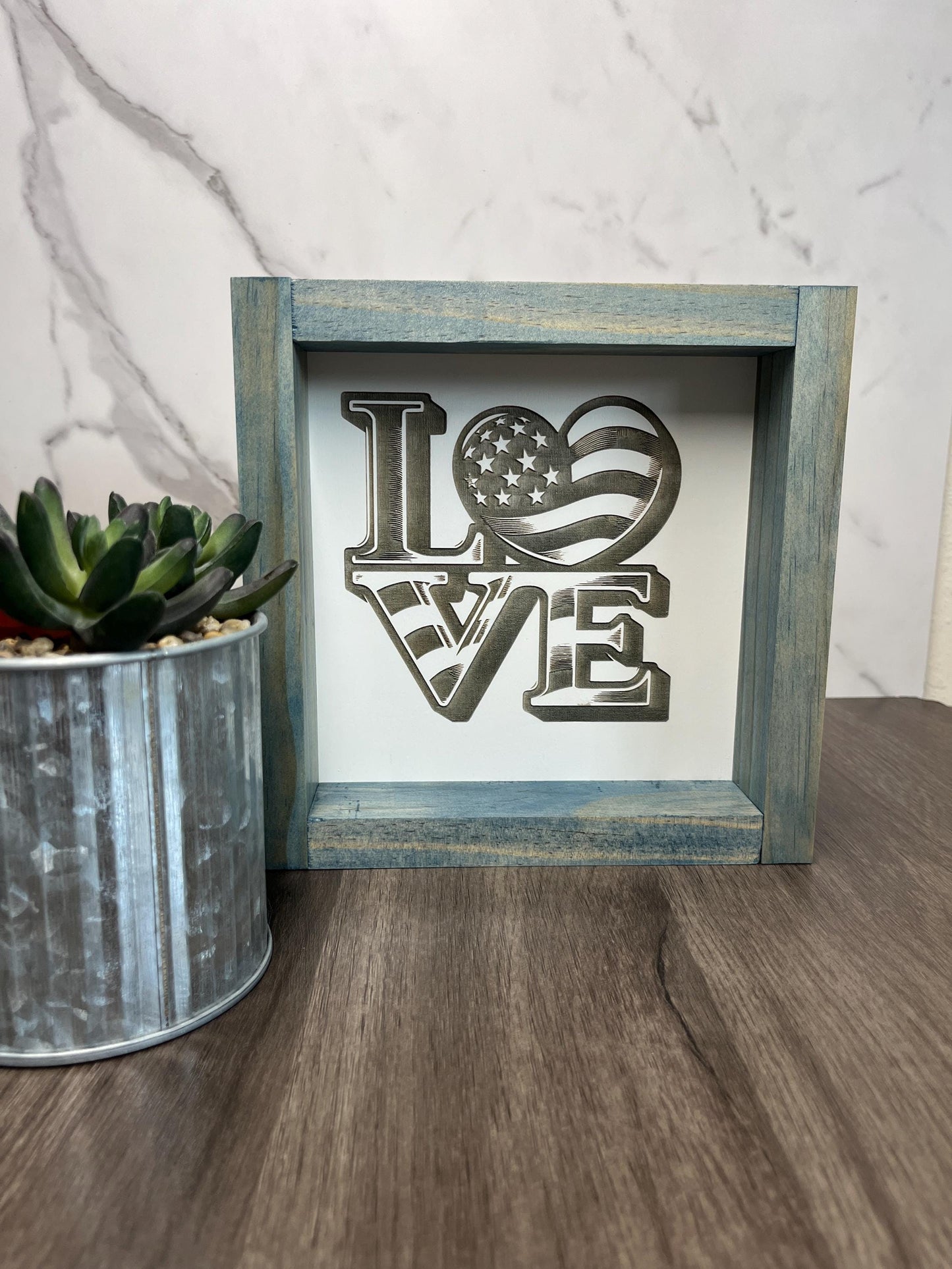 Patriotic LOVE Sign | Rustic Wood Frame | 4th of July Home Decor | American Flag Heart Wall Art | Farmhouse USA Decor