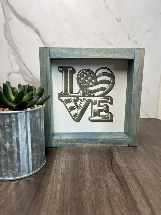 Patriotic LOVE Sign | Rustic Wood Frame | 4th of July Home Decor | American Flag Heart Wall Art | Farmhouse USA Decor