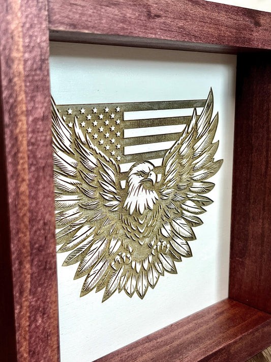 Patriotic Eagle Wood Sign | 8x8 USA Flag Wall Art | Handmade Laser Engraved Decor | Rustic American Gift | Veteran Home Sign
