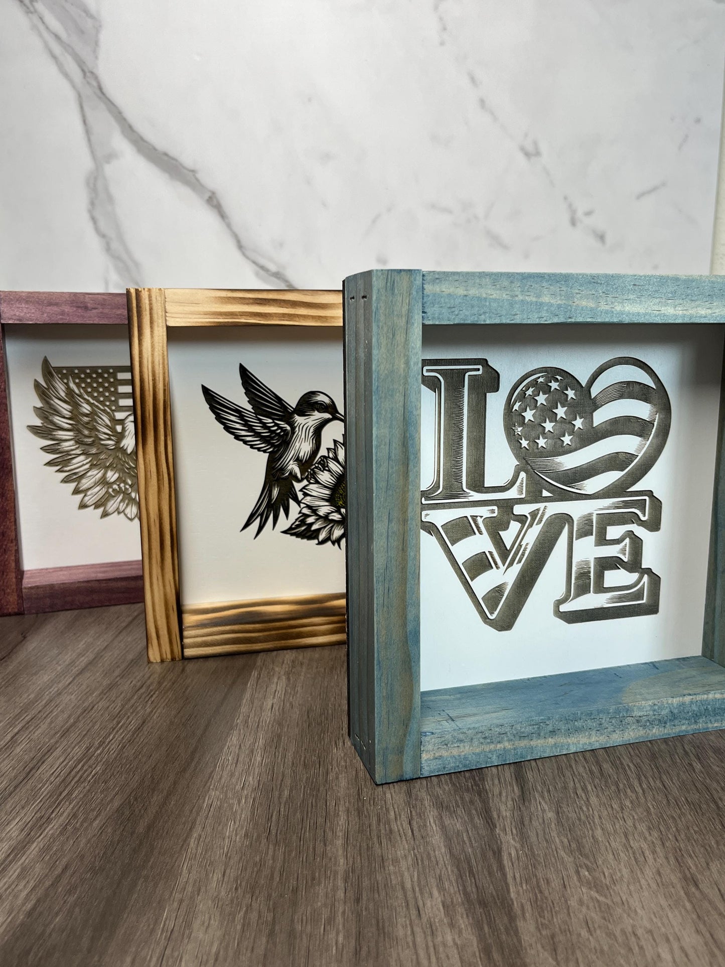 Humming bird Patriotic Eagle Wood Sign | 8x8 USA Flag Wall Art | Handmade Laser Engraved Decor | Rustic American Gift | Veteran Home Sign