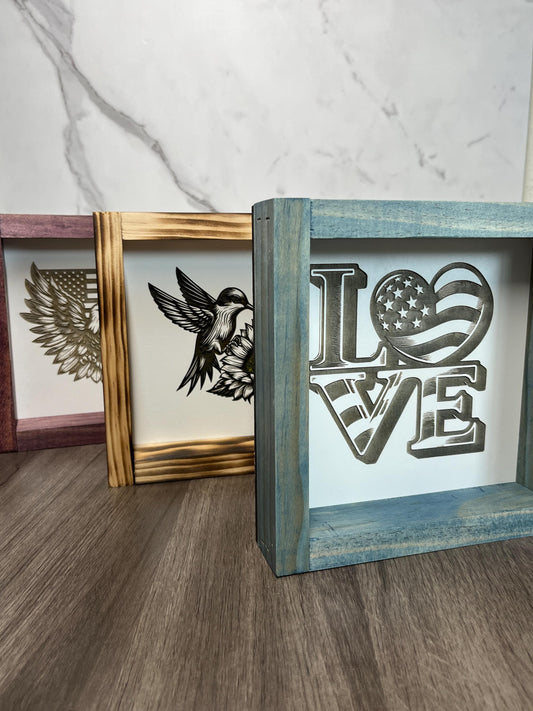 Humming bird Patriotic Eagle Wood Sign | 8x8 USA Flag Wall Art | Handmade Laser Engraved Decor | Rustic American Gift | Veteran Home Sign