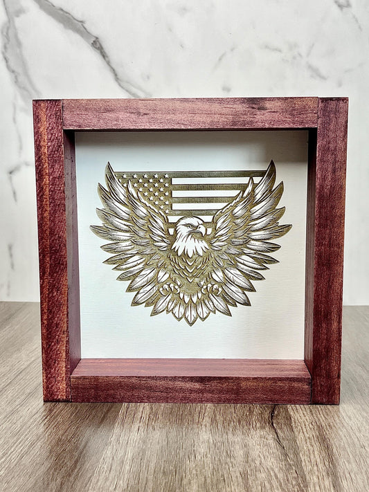 Patriotic Eagle Wood Sign | 8x8 USA Flag Wall Art | Handmade Laser Engraved Decor | Rustic American Gift | Veteran Home Sign