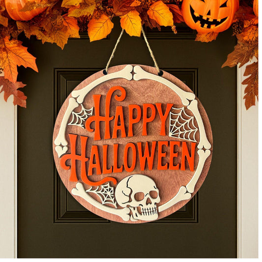 Halloween Door Hanger | Birch Wood Stained & Painted Sign | Farmhouse Front Door Decor | Spooky Fall Porch Decoration| Skull and bones decor