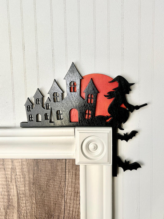 Halloween Haunted Mansion Door Corner Sign | Witch on Ledge with Blood Moon | Layered Birch Wood Gothic Decor