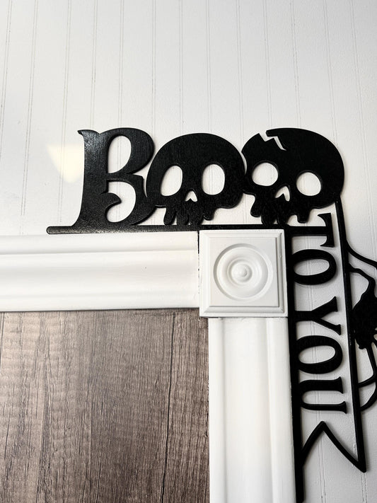 Boo To You Halloween Door Corner Sign | Skeleton Lettering All Black | Spooky Birch Wood Wall Decor