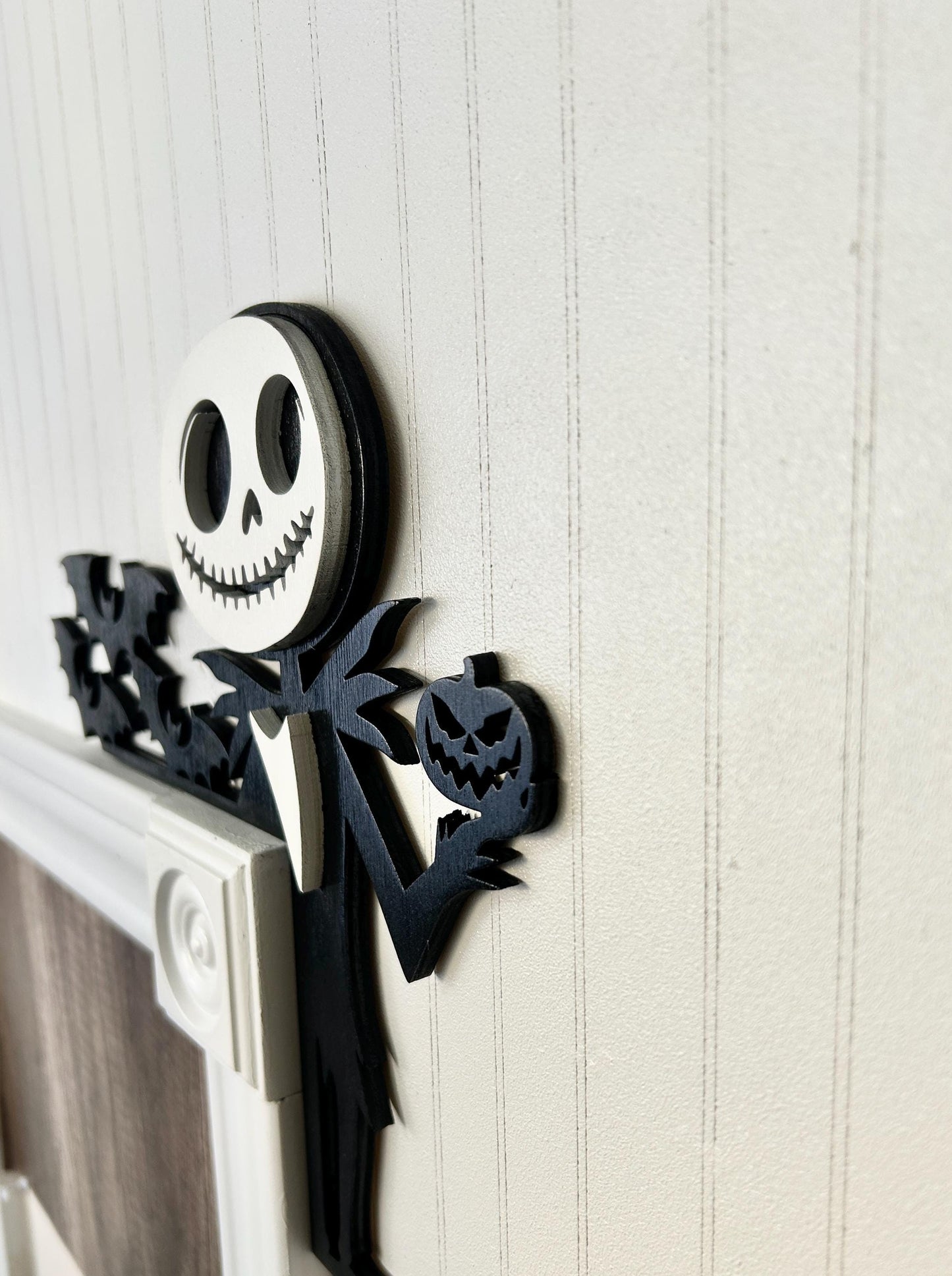 Halloween Skeleton Pumpkin Door Corner Sign | Spooky Figure with Bats | Layered Birch Wood Gothic Decor