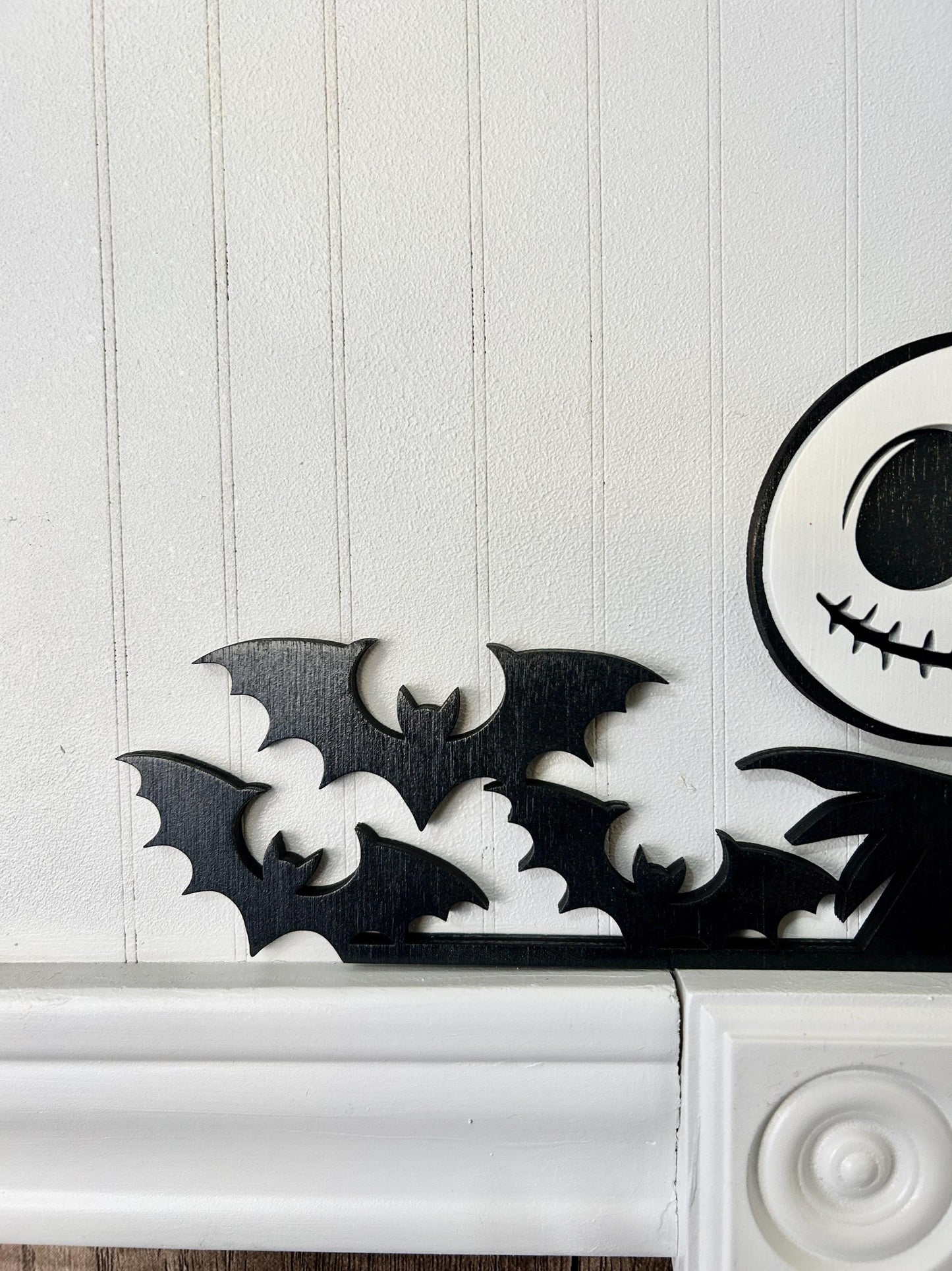 Halloween Skeleton Pumpkin Door Corner Sign | Spooky Figure with Bats | Layered Birch Wood Gothic Decor