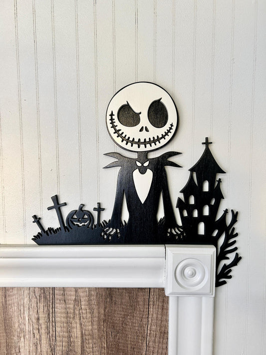 Halloween Skeleton Door Corner Sign | Haunted house with Pumpkin Graveyard | Gothic Layered Wood Decor