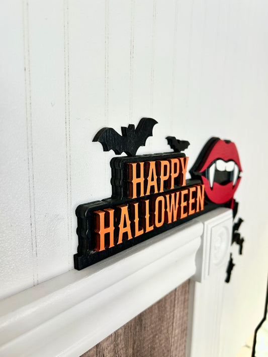 Happy Halloween Door Corner Sign | Vampire Lips with Fangs & Bats | Painted Birch Wood Gothic Decor