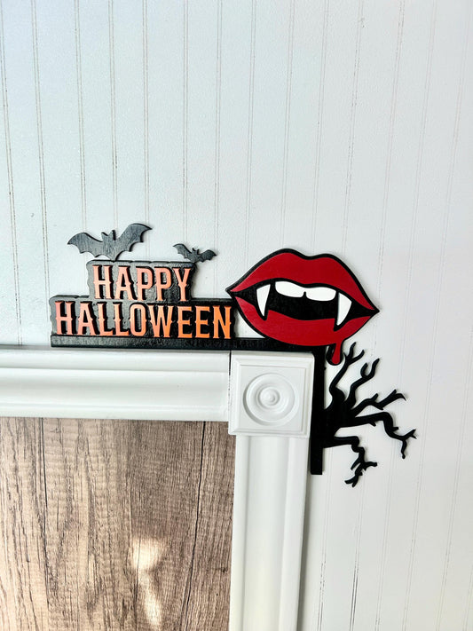 Happy Halloween Door Corner Sign | Vampire Lips with Fangs & Bats | Painted Birch Wood Gothic Decor