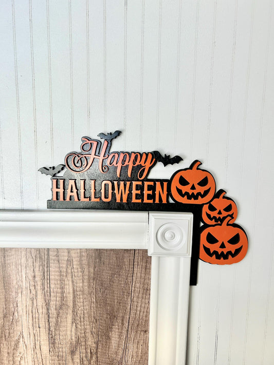 Happy Halloween Door Corner Sign | Layered Wood Jack O Lanterns & Bats | Painted Birch Wood Entryway Decor