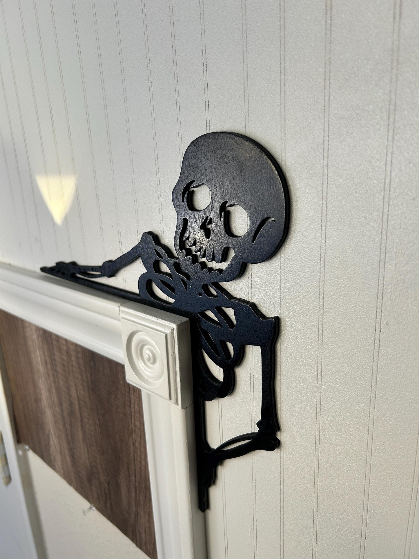 Halloween Skeleton Door Corner Sign | Spooky One Layer Wood Cutout | Minimalist Birch Home Decor