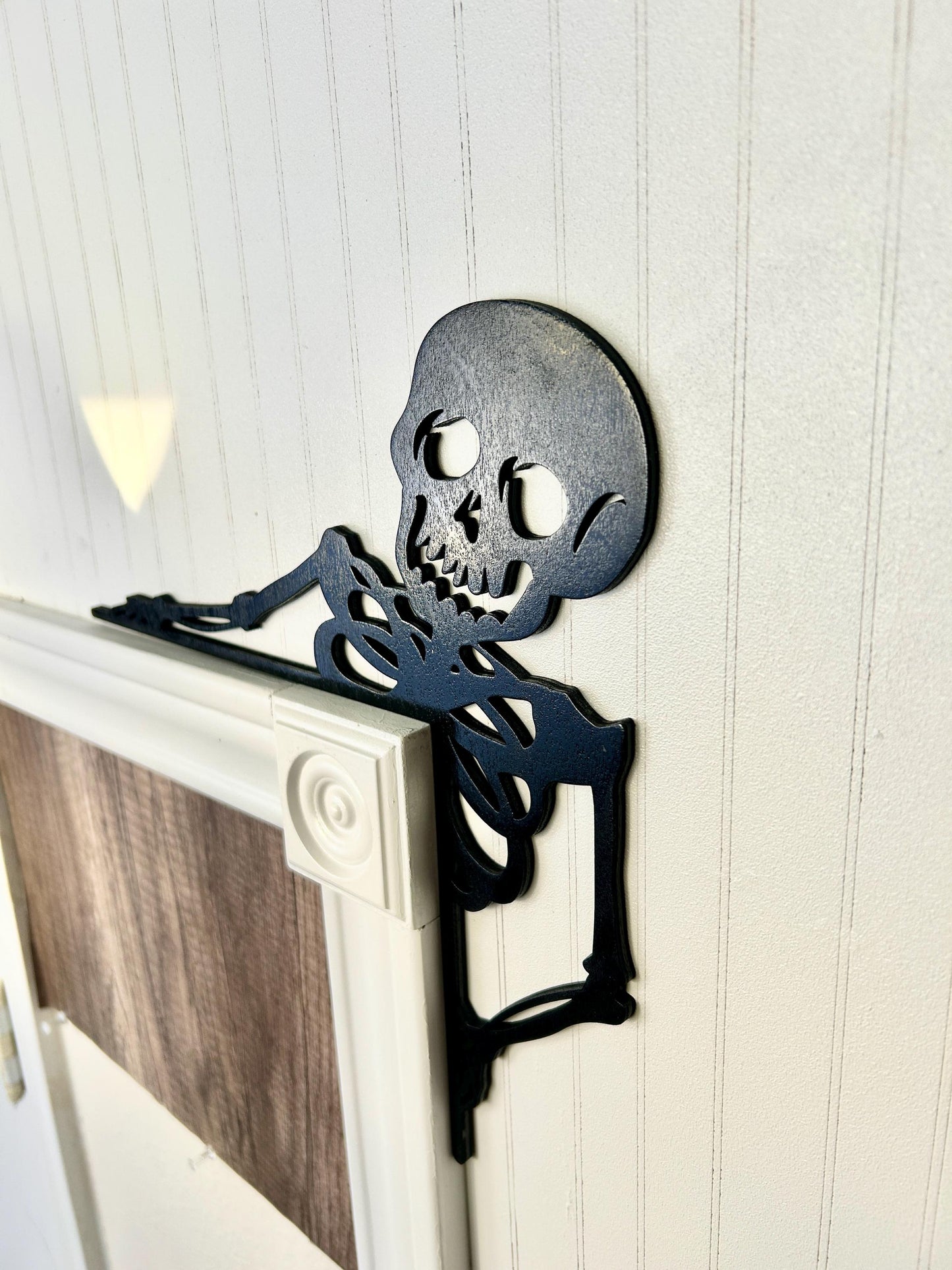 Halloween Skeleton Door Corner Sign | Spooky One Layer Wood Cutout | Minimalist Birch Home Decor