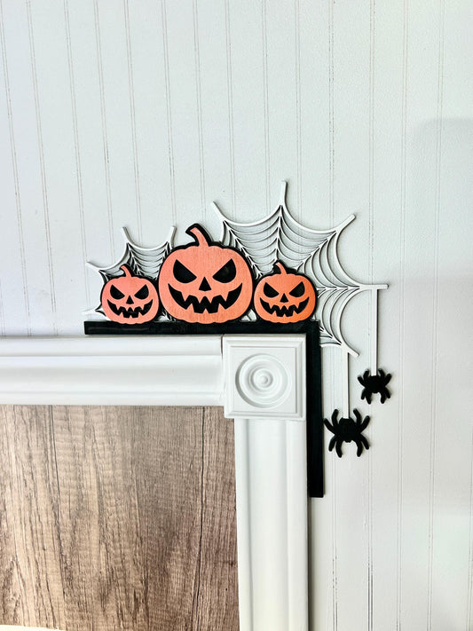 Halloween Door Frame Sign | Jack O Lanterns with Spiderweb & Hanging Spiders | Painted Birch Wood Corner Decor