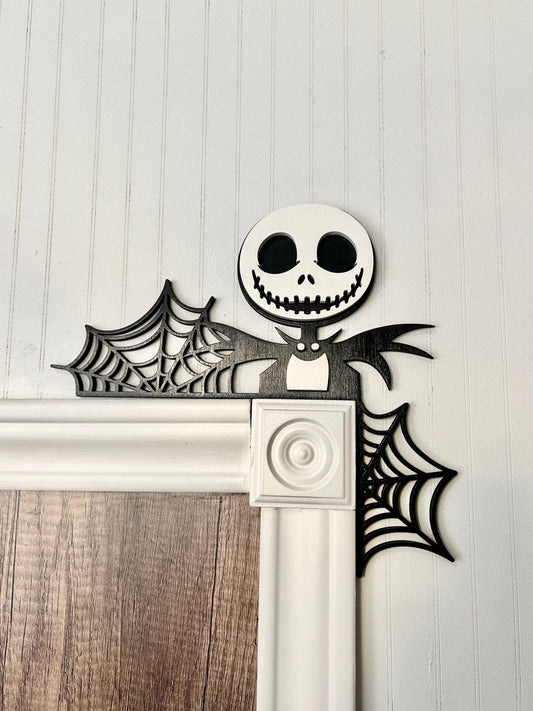 Halloween Skeleton Door Corner Sign | Black & White Spiderweb Design | Gothic Birch Wood Wall Decor