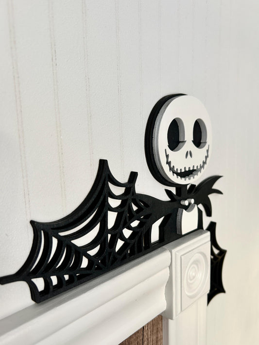 Halloween Skeleton Door Corner Sign | Black & White Spiderweb Design | Gothic Birch Wood Wall Decor