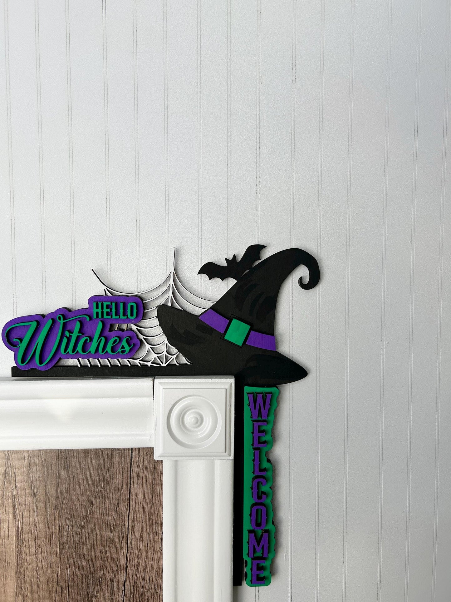 Hello Witches Halloween Door Corner Sign | Welcome Witch Hat with Bat & Spiderweb | Layered Birch Wood Decor