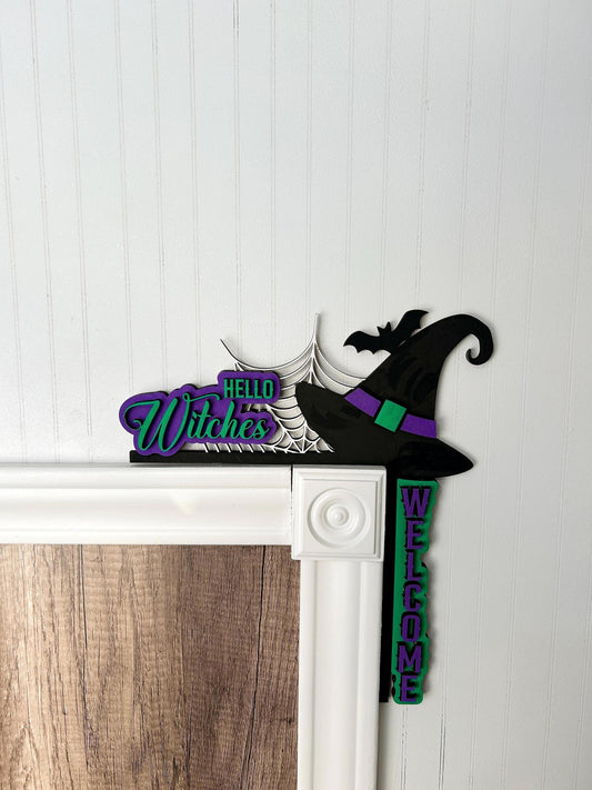 Hello Witches Halloween Door Corner Sign | Welcome Witch Hat with Bat & Spiderweb | Layered Birch Wood Decor
