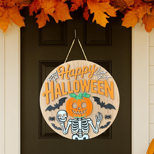 Happy Halloween Door Hanger | Skeleton Pumpkin Sign | Spooky Porch Decor | Halloween Front Door Decoration | Trick or Treat Sign