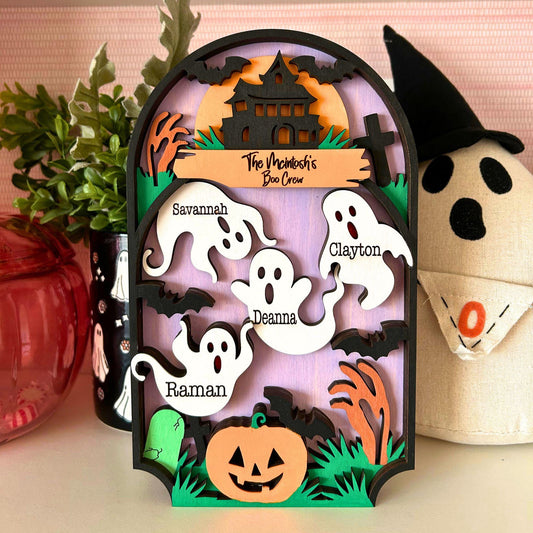 Personalized Ghost Family Sign, Custom Halloween Shelf Sitter with Last Name, Hand Painted Birch Wood Decor, Halloween tabletop decor