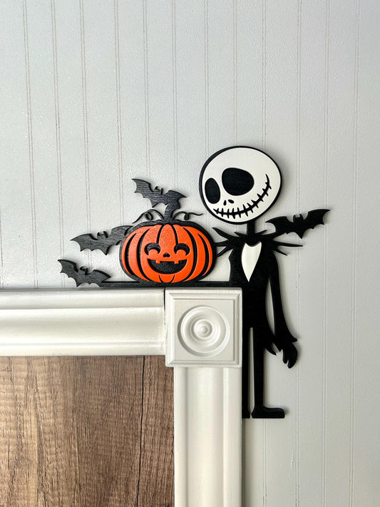 Halloween Skeleton Door Corner Sign | Pumpkin with Bats | Layered Birch Wood Spooky Wall Decor