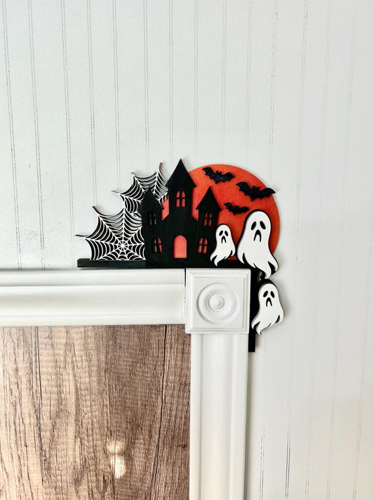 Halloween Haunted House Door Corner Sign | Blood Moon with Ghosts, Bats & Cobwebs | Layered Birch Wood Decor