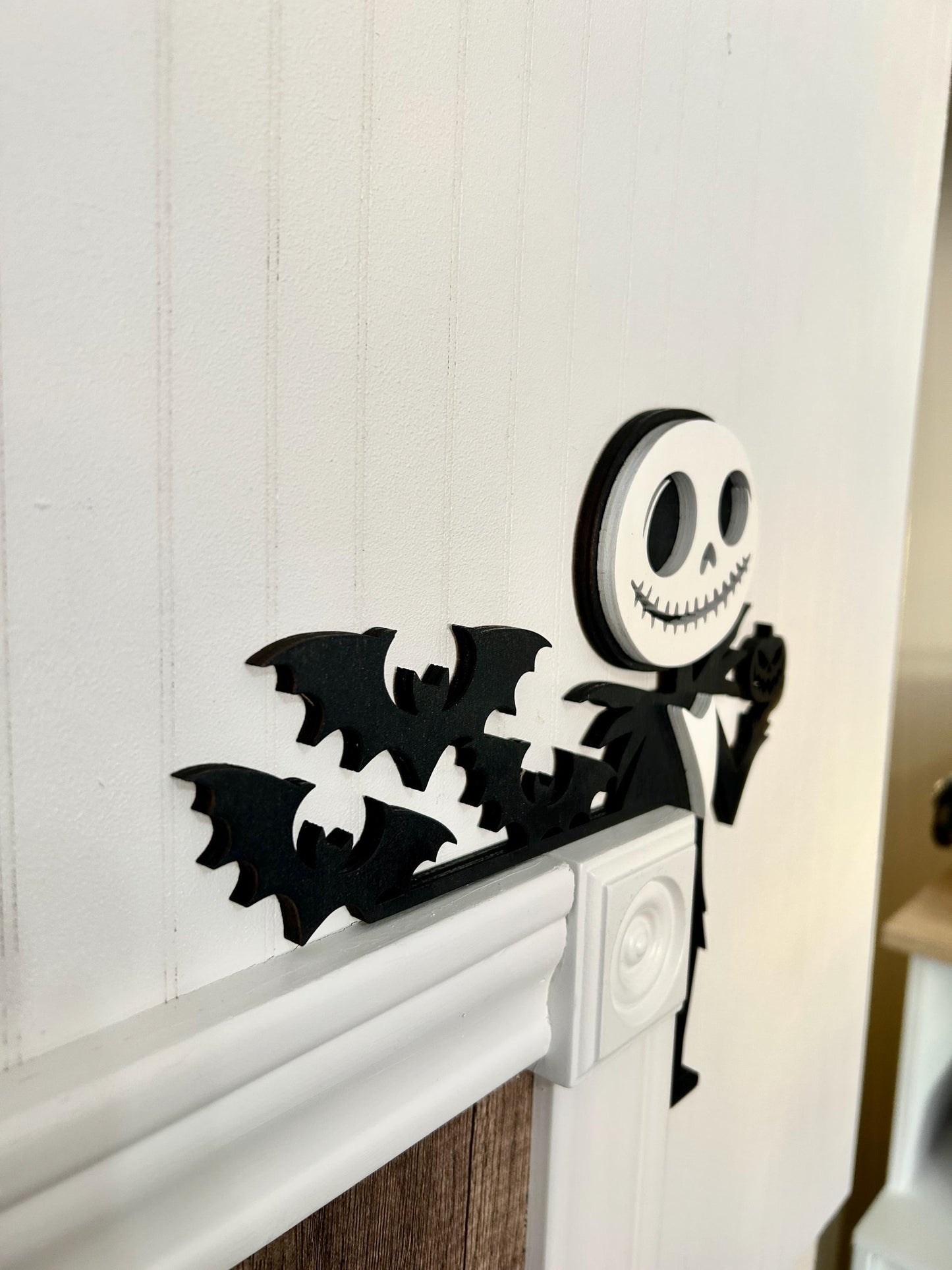 Halloween Skeleton Pumpkin Door Corner Sign | Spooky Figure with Bats | Layered Birch Wood Gothic Decor