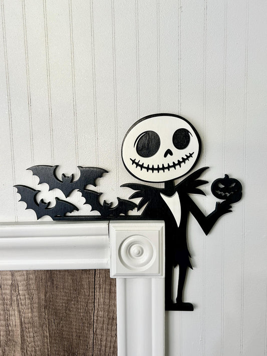 Halloween Skeleton Pumpkin Door Corner Sign | Spooky Figure with Bats | Layered Birch Wood Gothic Decor