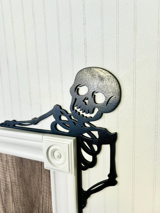 Halloween Skeleton Door Corner Sign | Spooky One Layer Wood Cutout | Minimalist Birch Home Decor