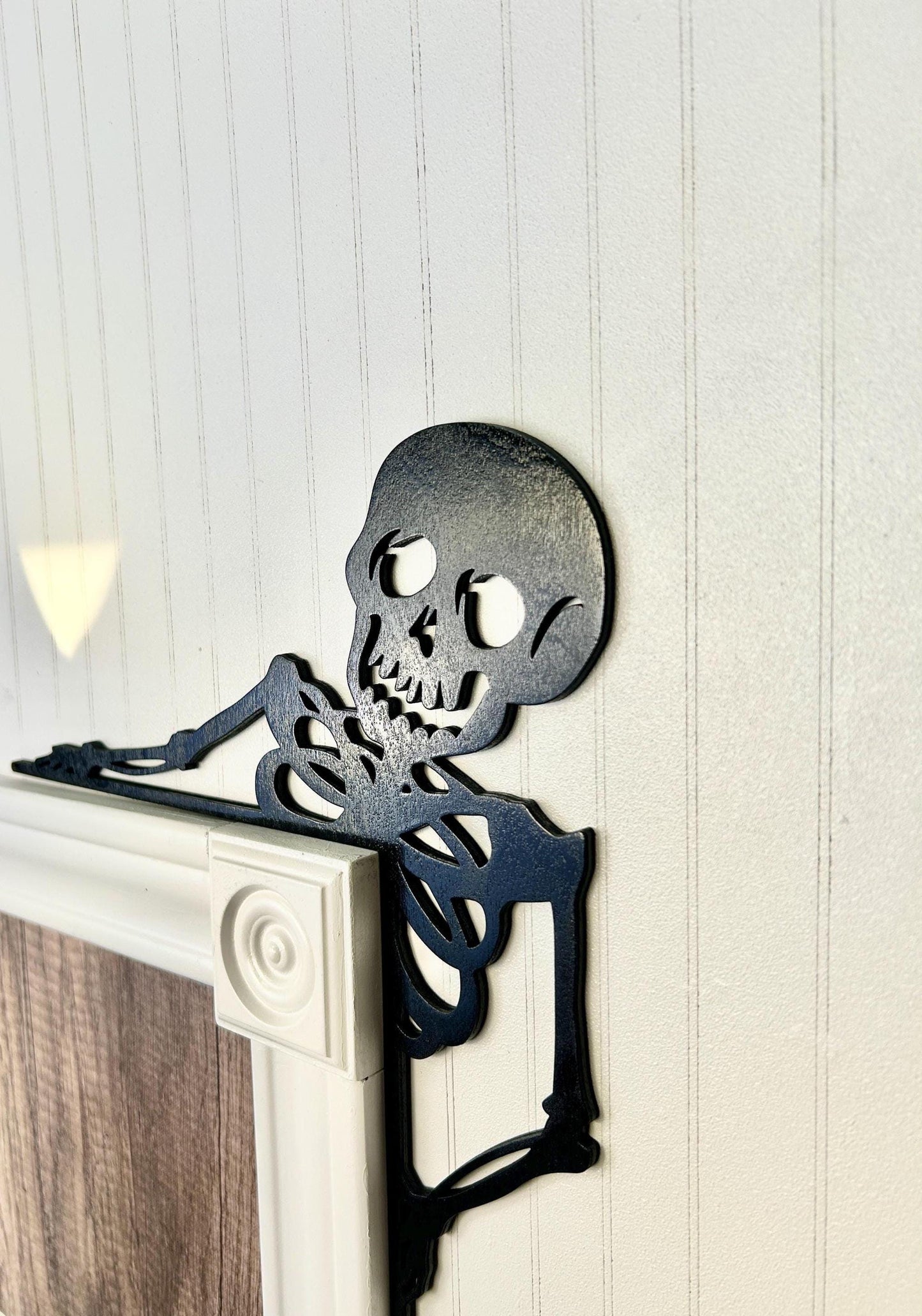 Halloween Skeleton Door Corner Sign | Spooky One Layer Wood Cutout | Minimalist Birch Home Decor