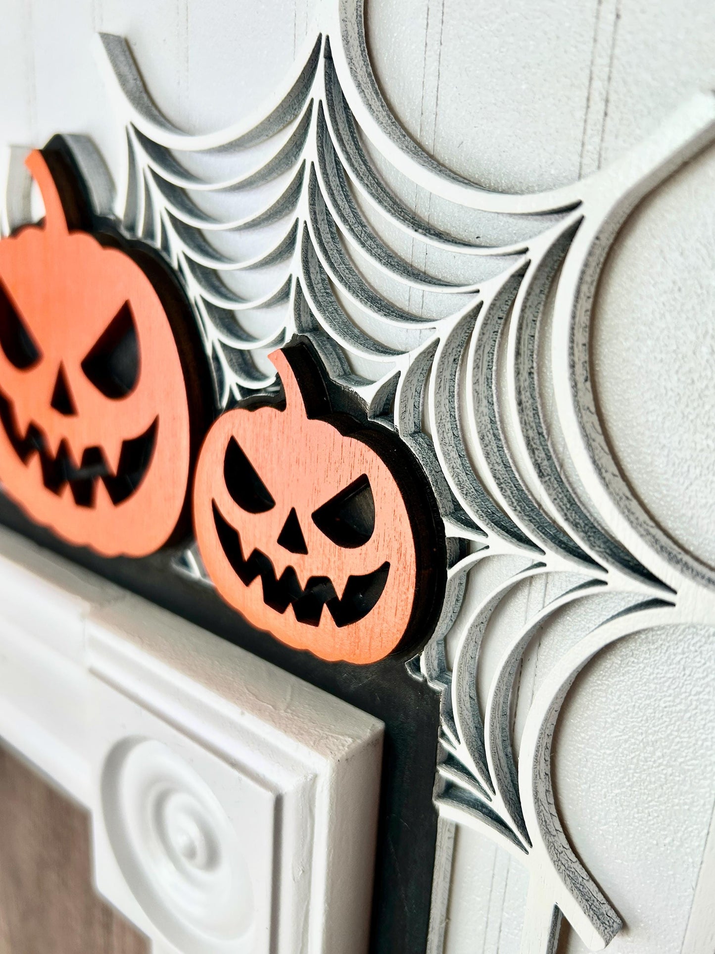 Halloween Door Frame Sign | Jack O Lanterns with Spiderweb & Hanging Spiders | Painted Birch Wood Corner Decor